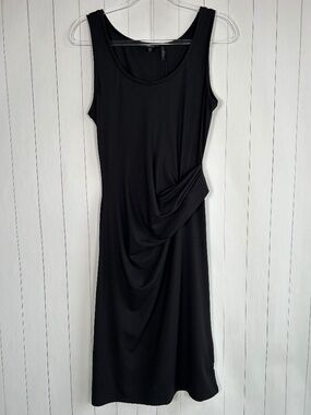 Theory size L round neck midi dress stretch PIma cotton black ruched sleeveless